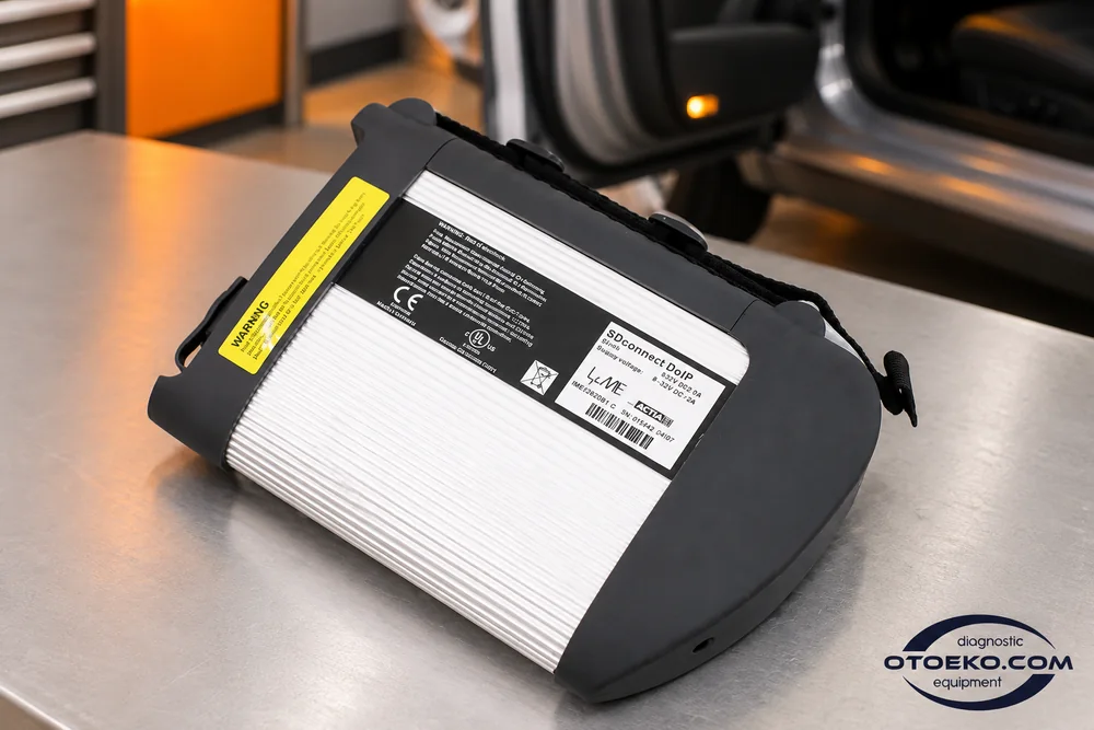 Rear housing and model label of Mercedes C4 DoIP presented for software matching preparation.